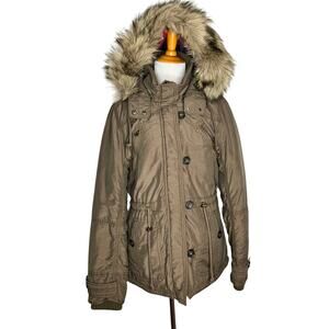 American Eagle Y2K Bella Swan Parka Faux Fur Trim Hood Plaid Lining Women Large